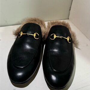 Gucci Black Leather Mules with Gold Hardware